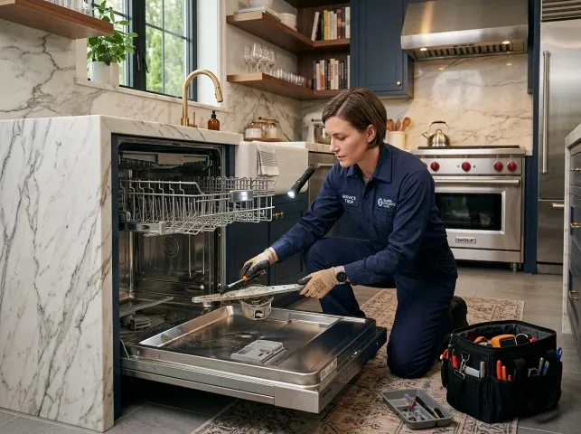 Appliance Repair Hero technician servicing a built-in dishwasher in a Barnhart, MO kitchen